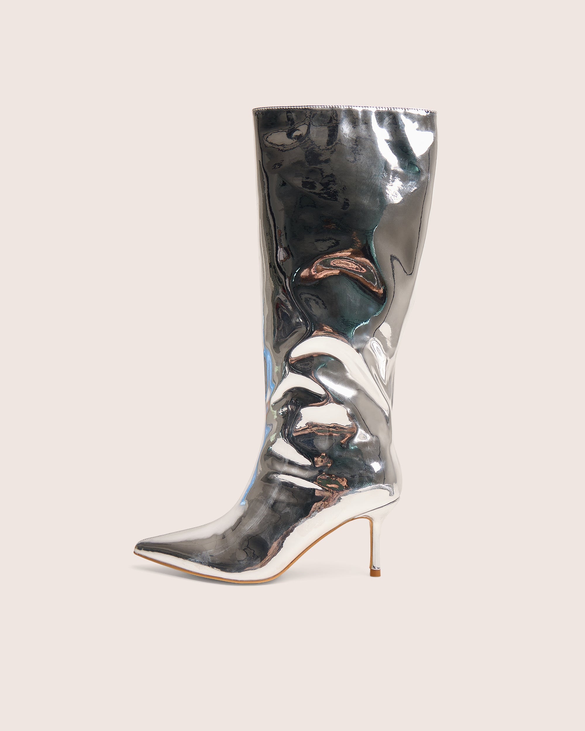 Amped Mirror Silver Pointed Toe Mid Heel Knee High Boots