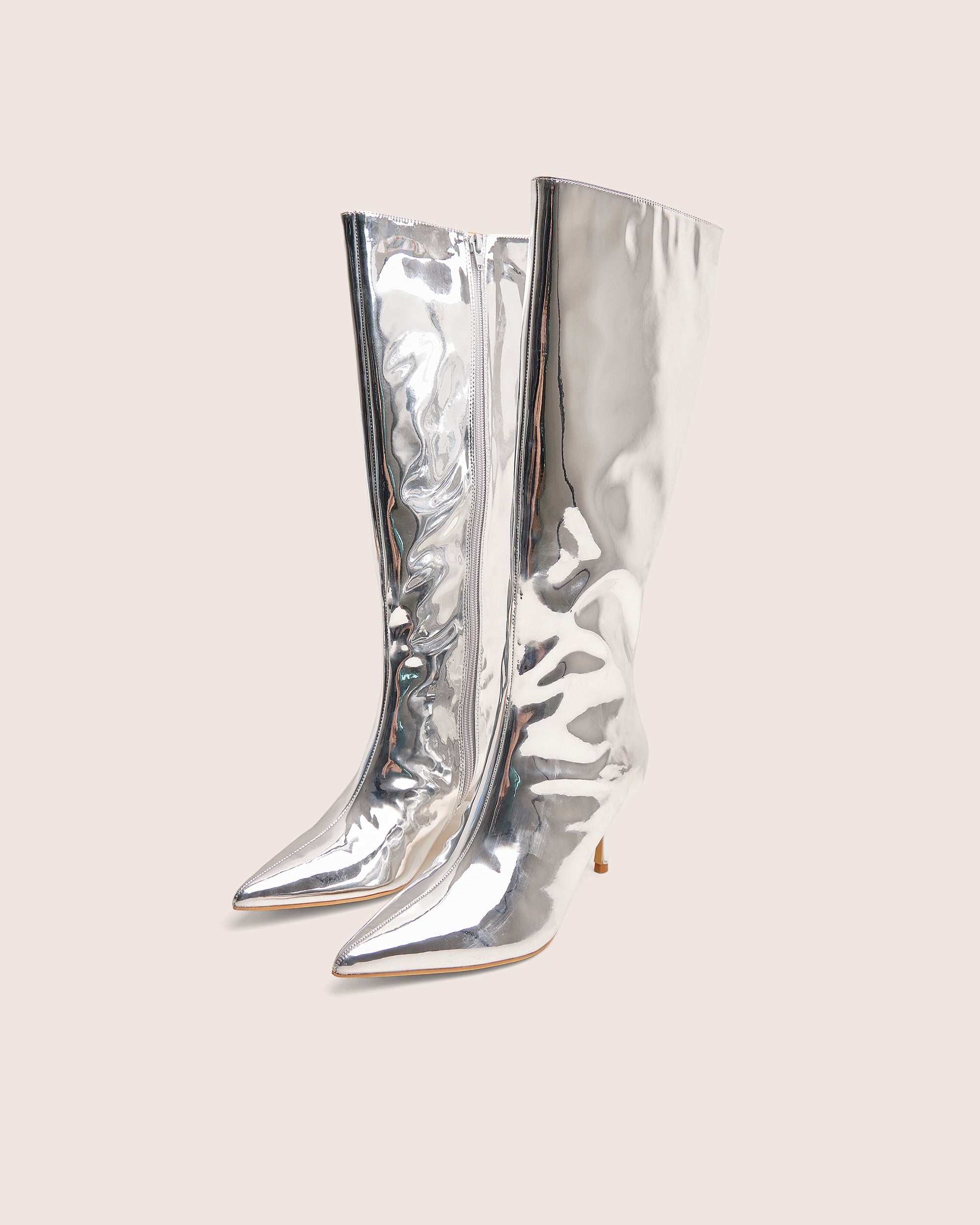 Amped Mirror Silver Pointed Toe Mid Heel Knee High Boots