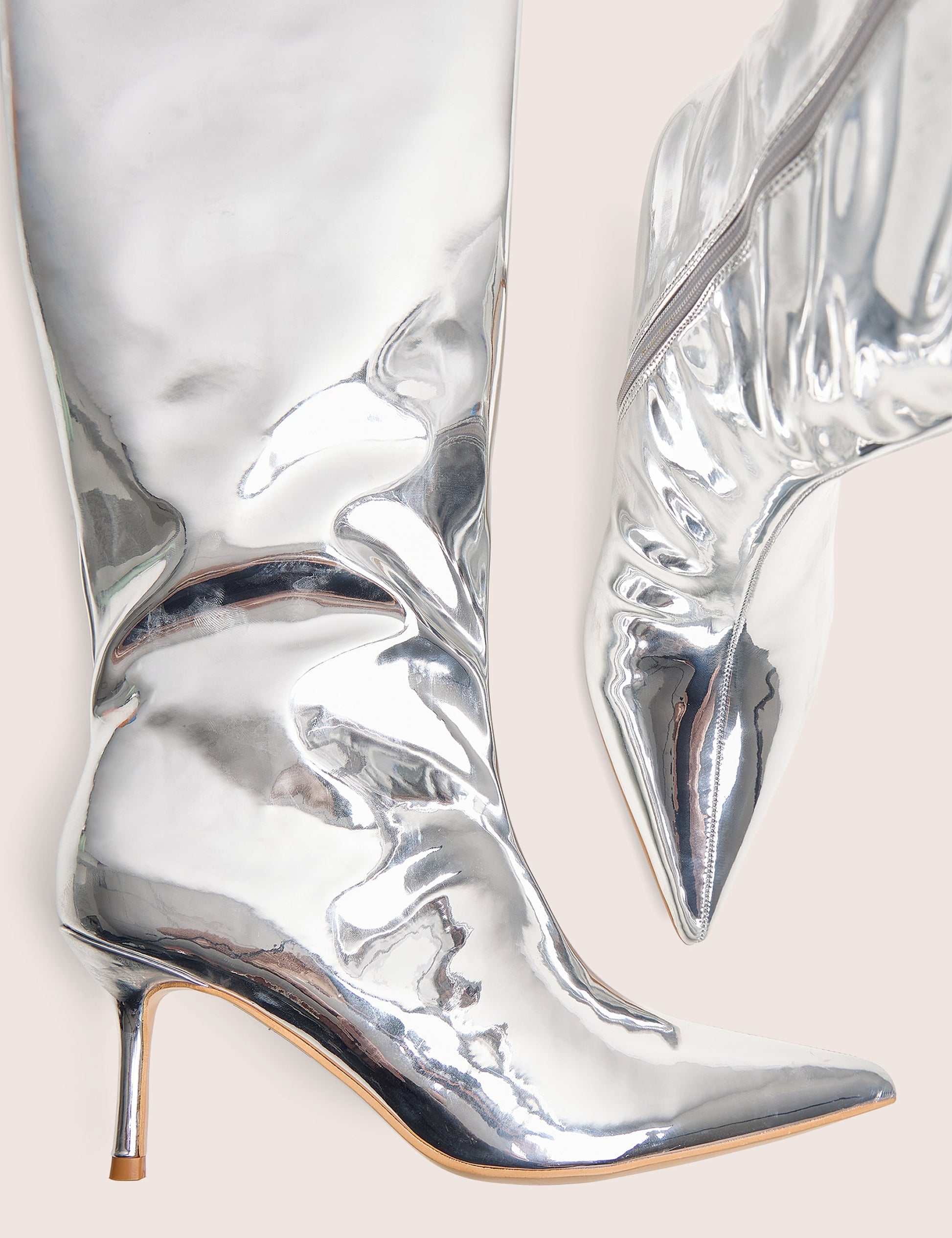Amped Mirror Silver Pointed Toe Mid Heel Knee High Boots