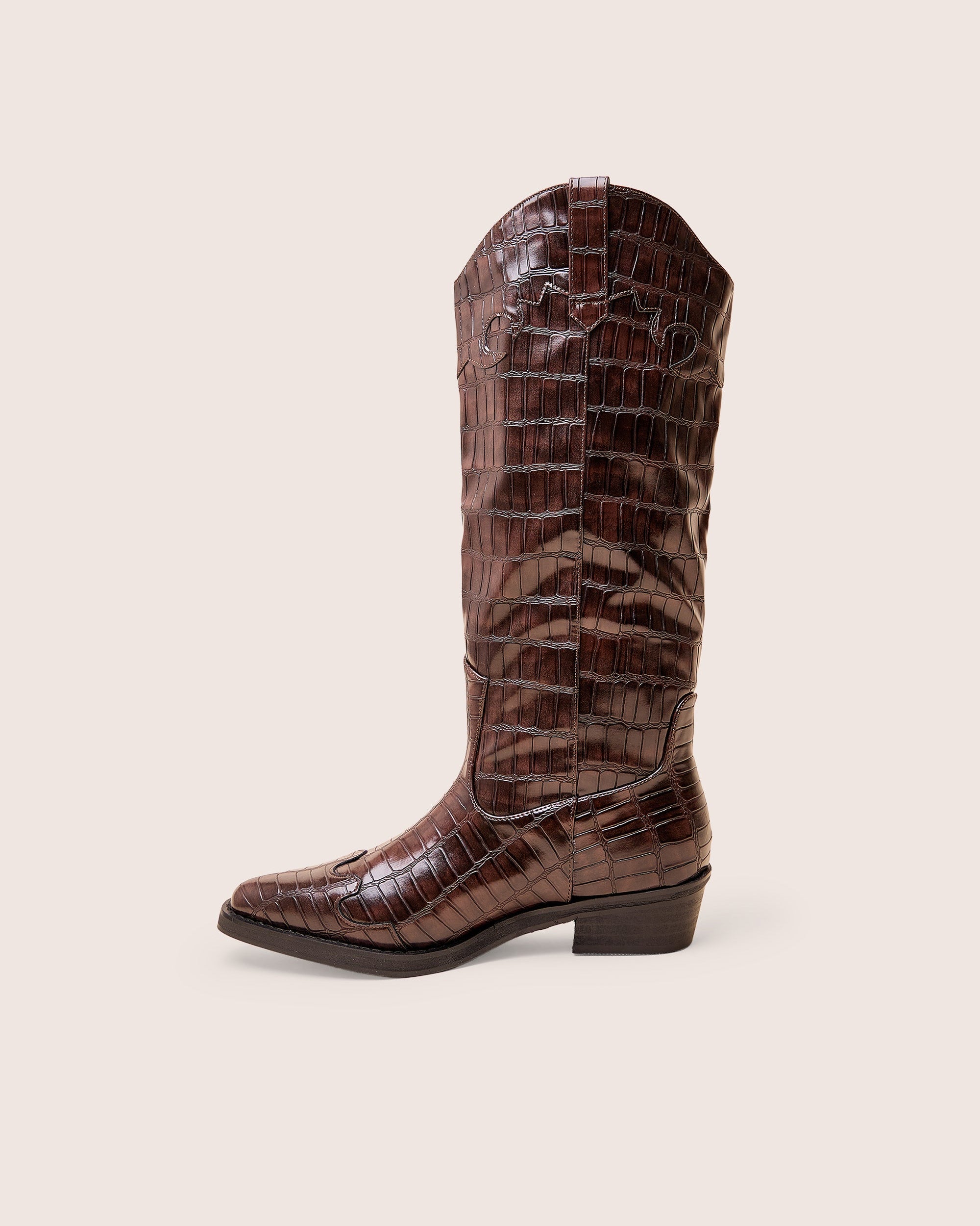 Apollo Brown Croc Wide Fit Flat Western Knee High Boots