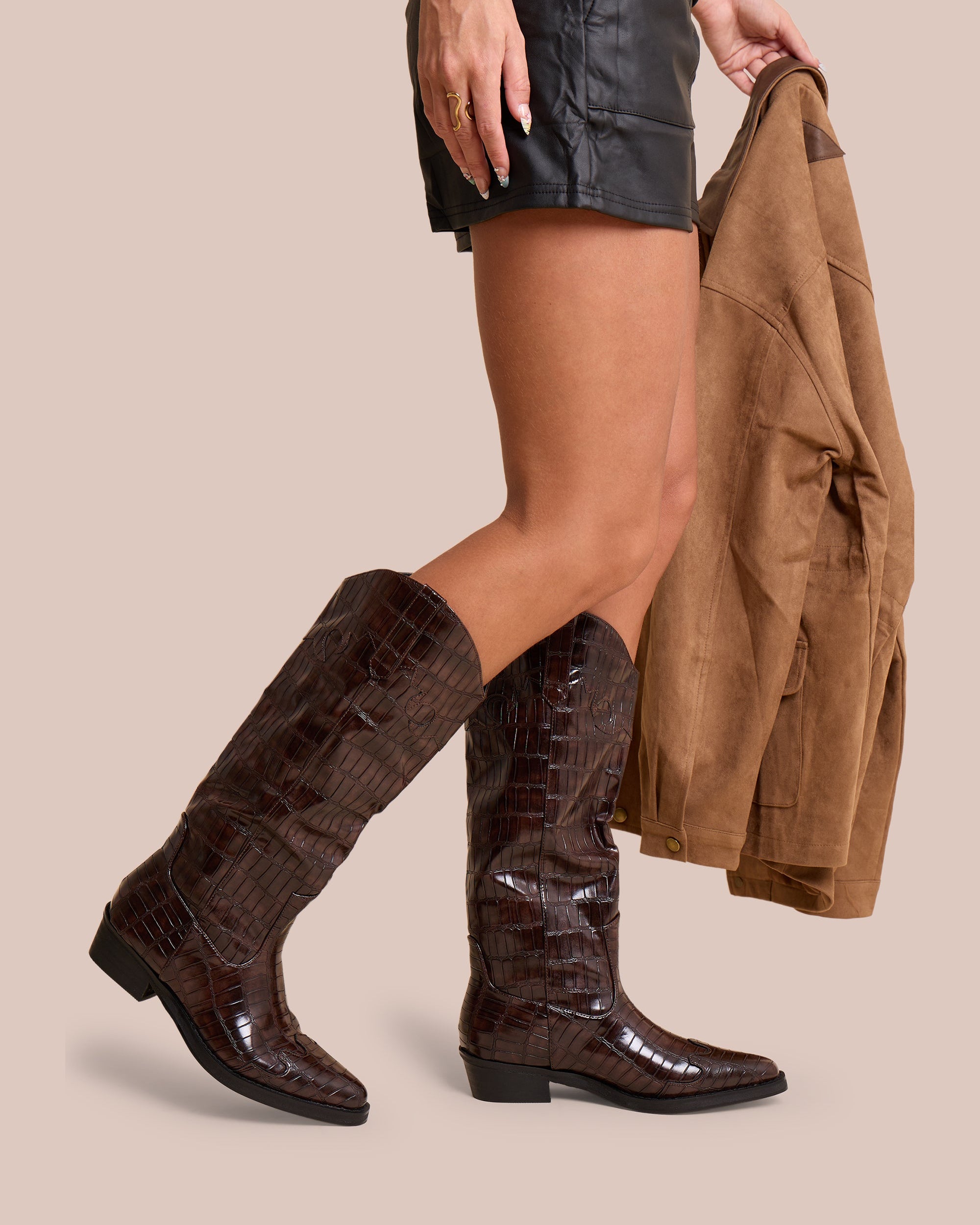 Apollo Brown Croc Wide Fit Flat Western Knee High Boots