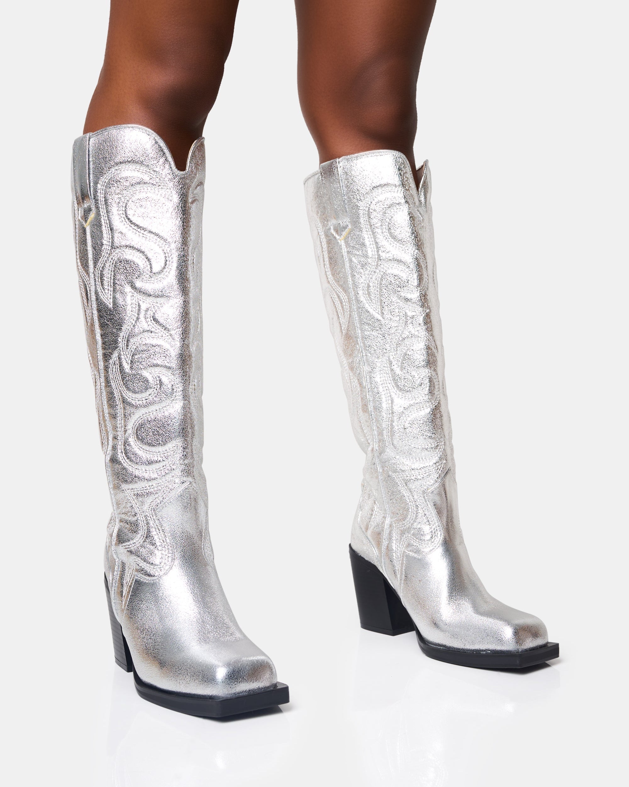 Austine Silver Western Block Heel Knee High Boots