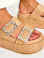 Bettie Natural Rattan Diamante Buckle Detail Flatform Slider Sandals