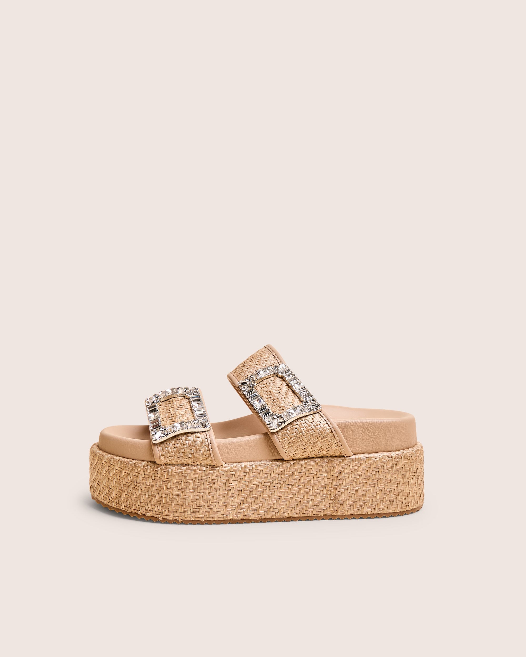 Bettie Natural Rattan Diamante Buckle Detail Flatform Slider Sandals