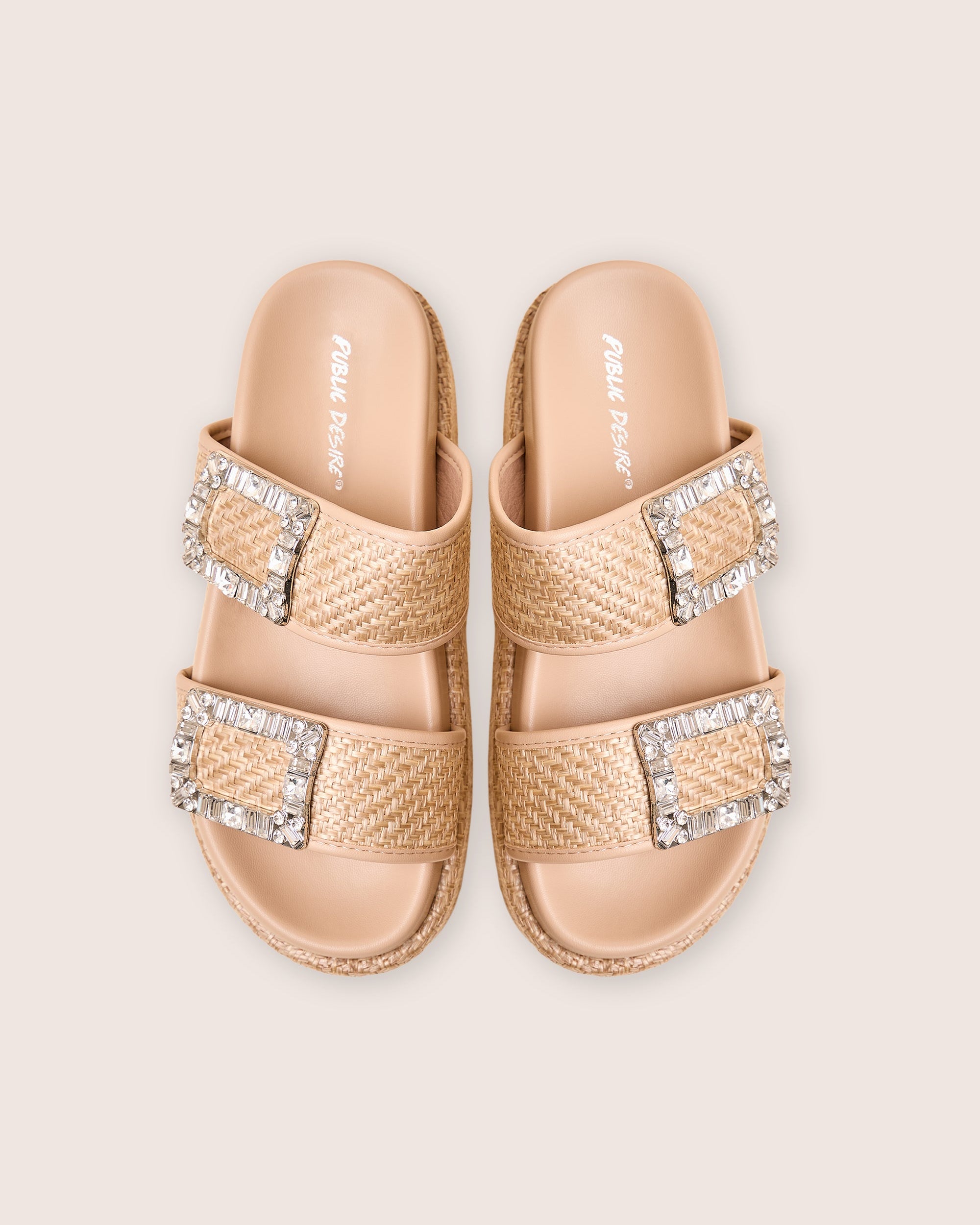 Bettie Natural Rattan Diamante Buckle Detail Flatform Slider Sandals