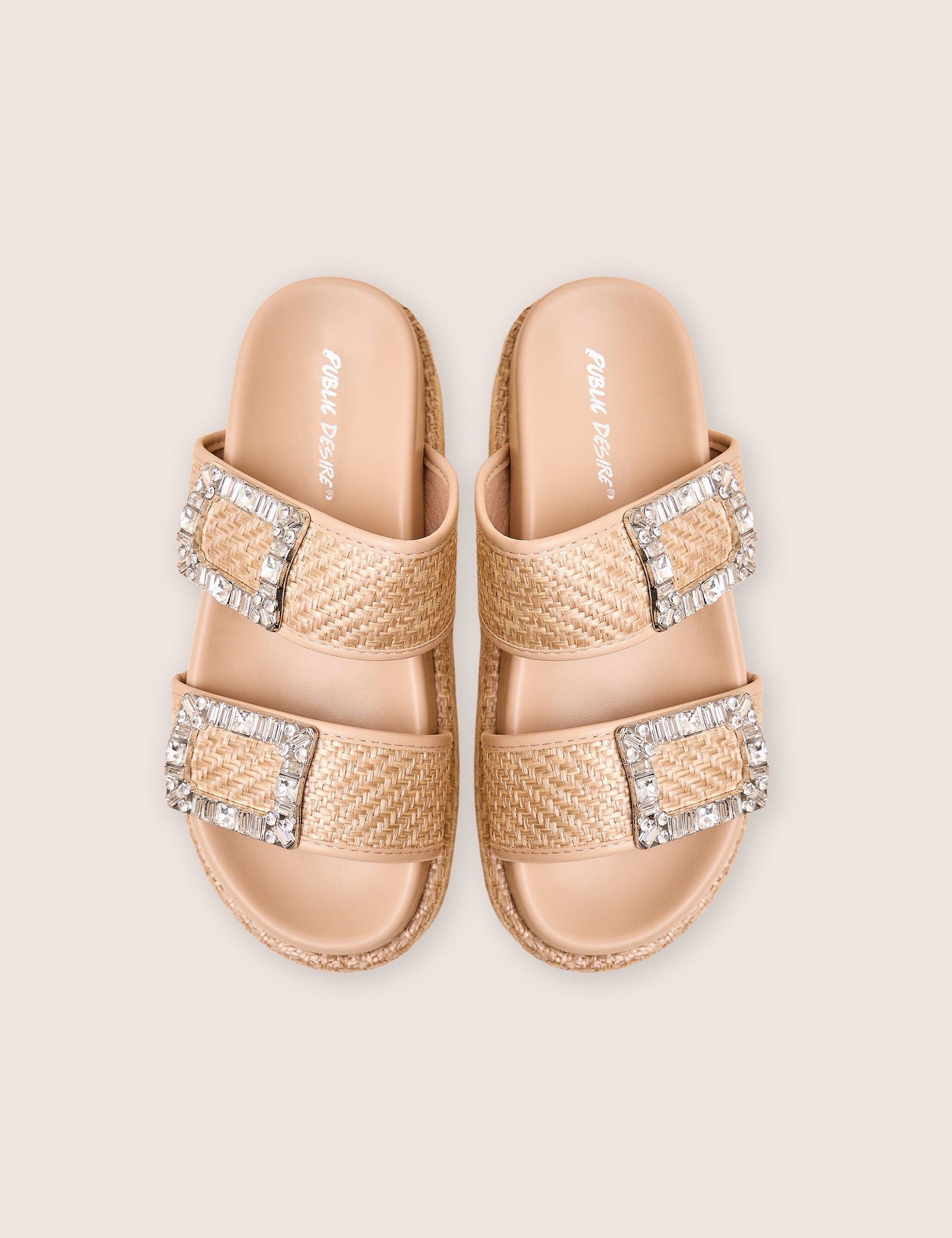 Bettie Natural Rattan Diamante Buckle Detail Flatform Slider Sandals