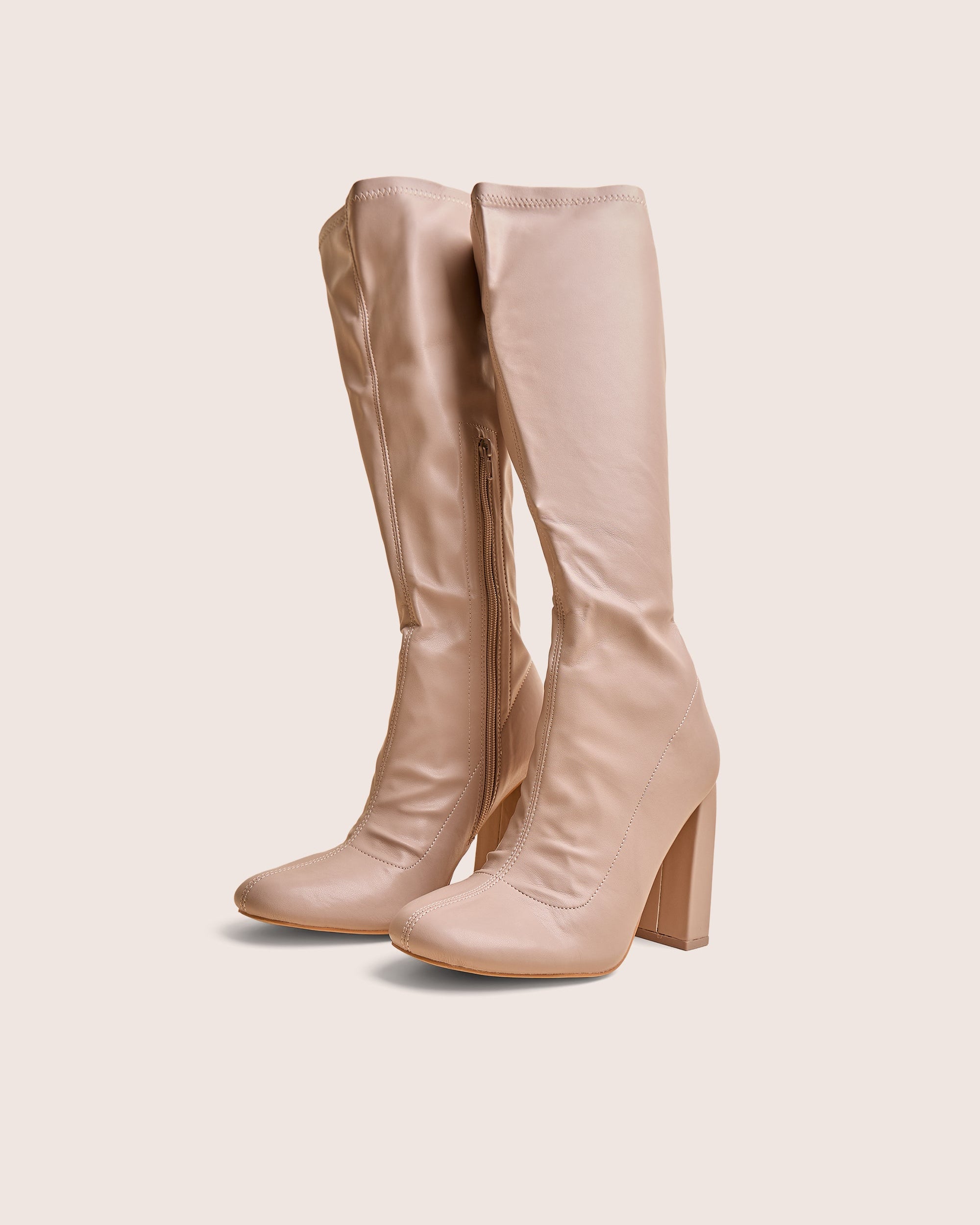 Christina Nude Pu Pointed Toe Block Heel Knee High Boots