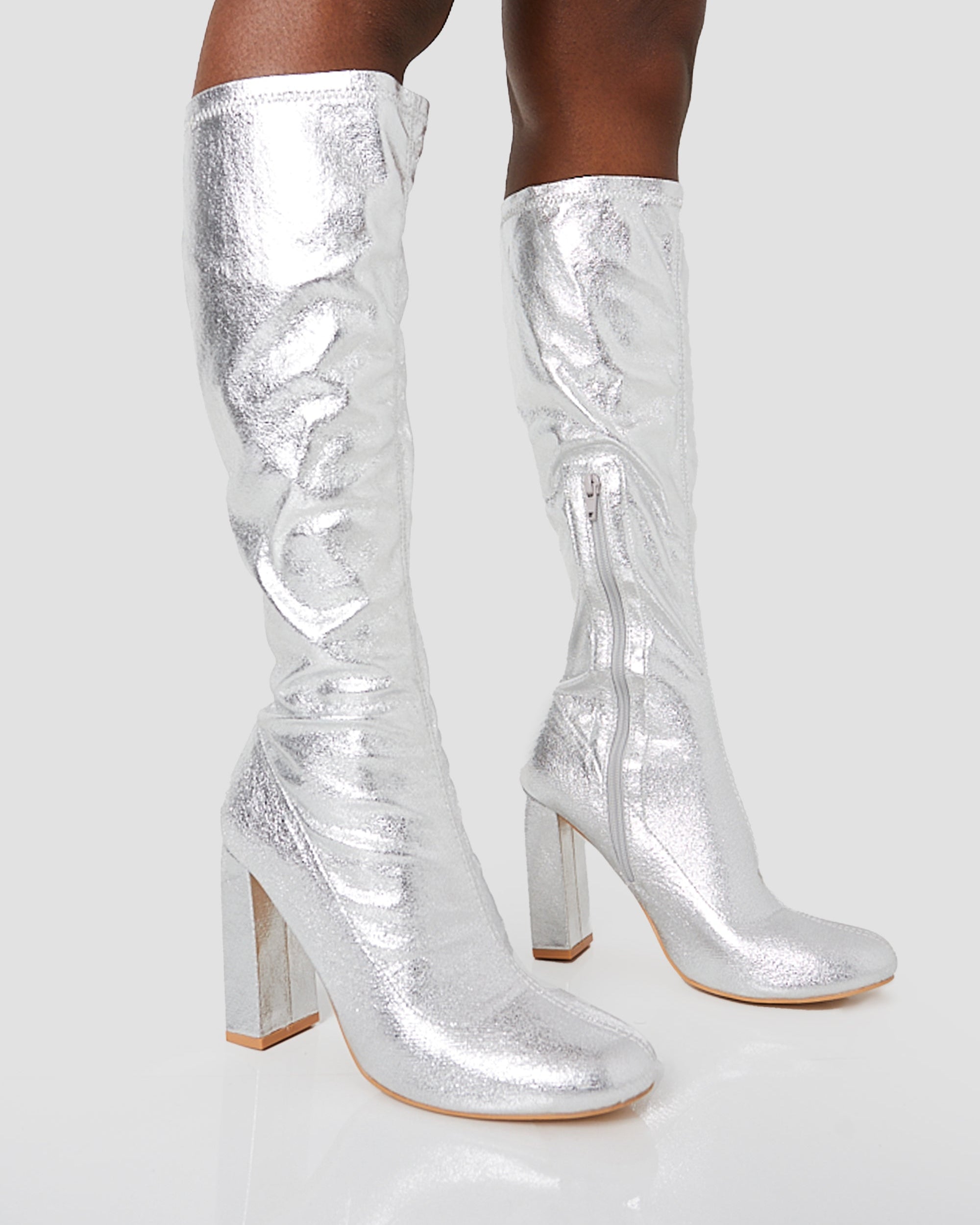 Christina Silver Grain Pointed Toe Block Heel Knee High Boots