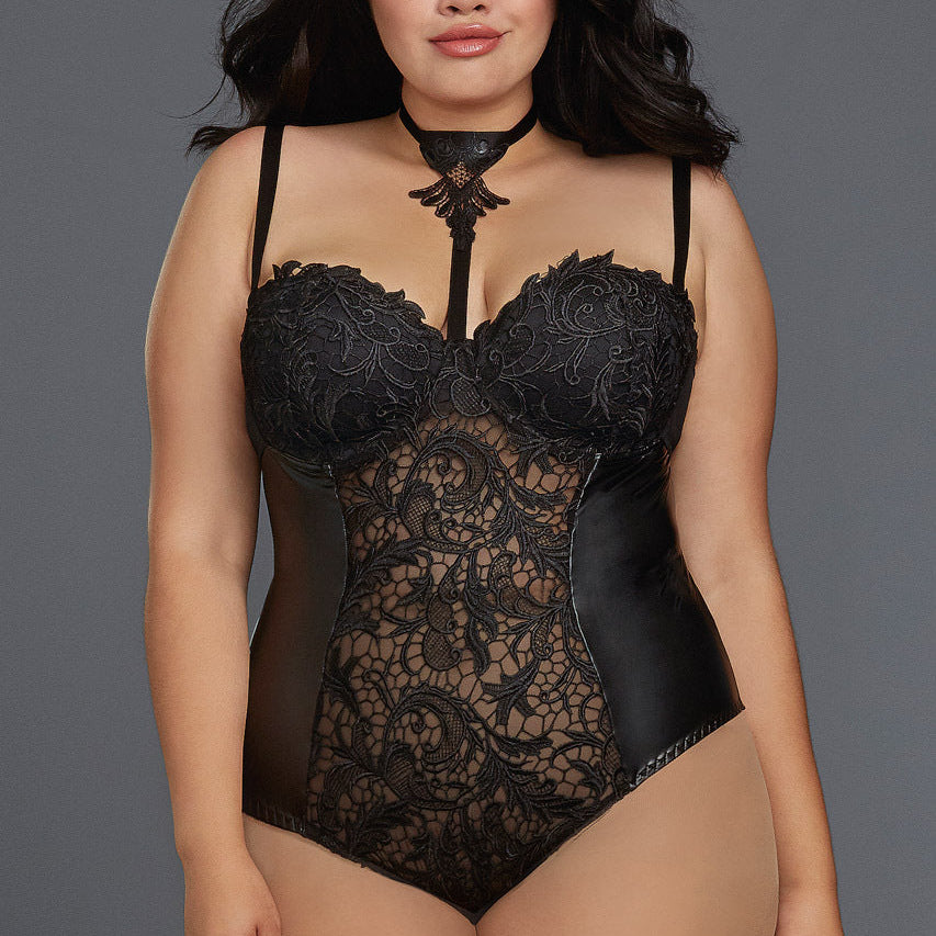 Plus Size Venetian Lace and Faux Leather Teddy
