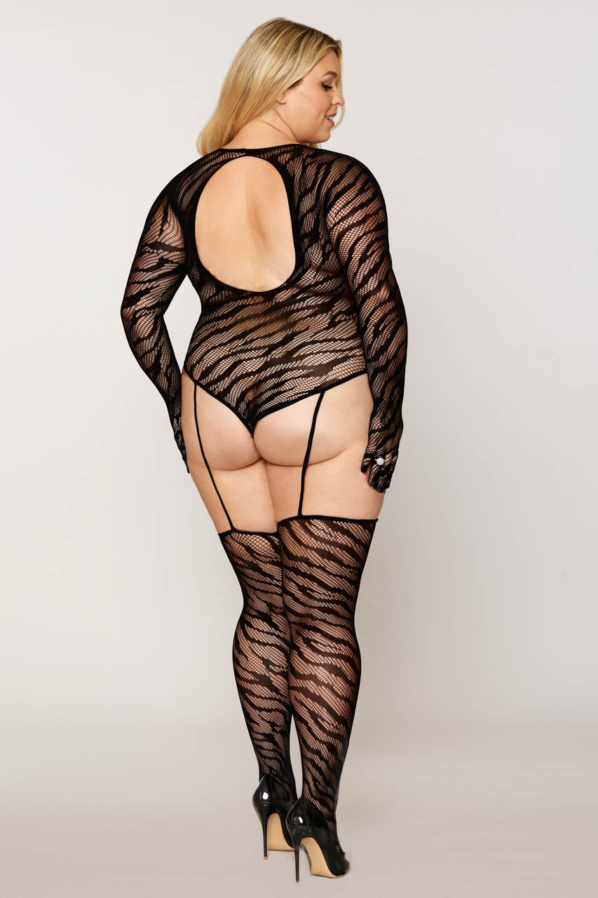 Plus Size Zebra Bodystocking with Gloves