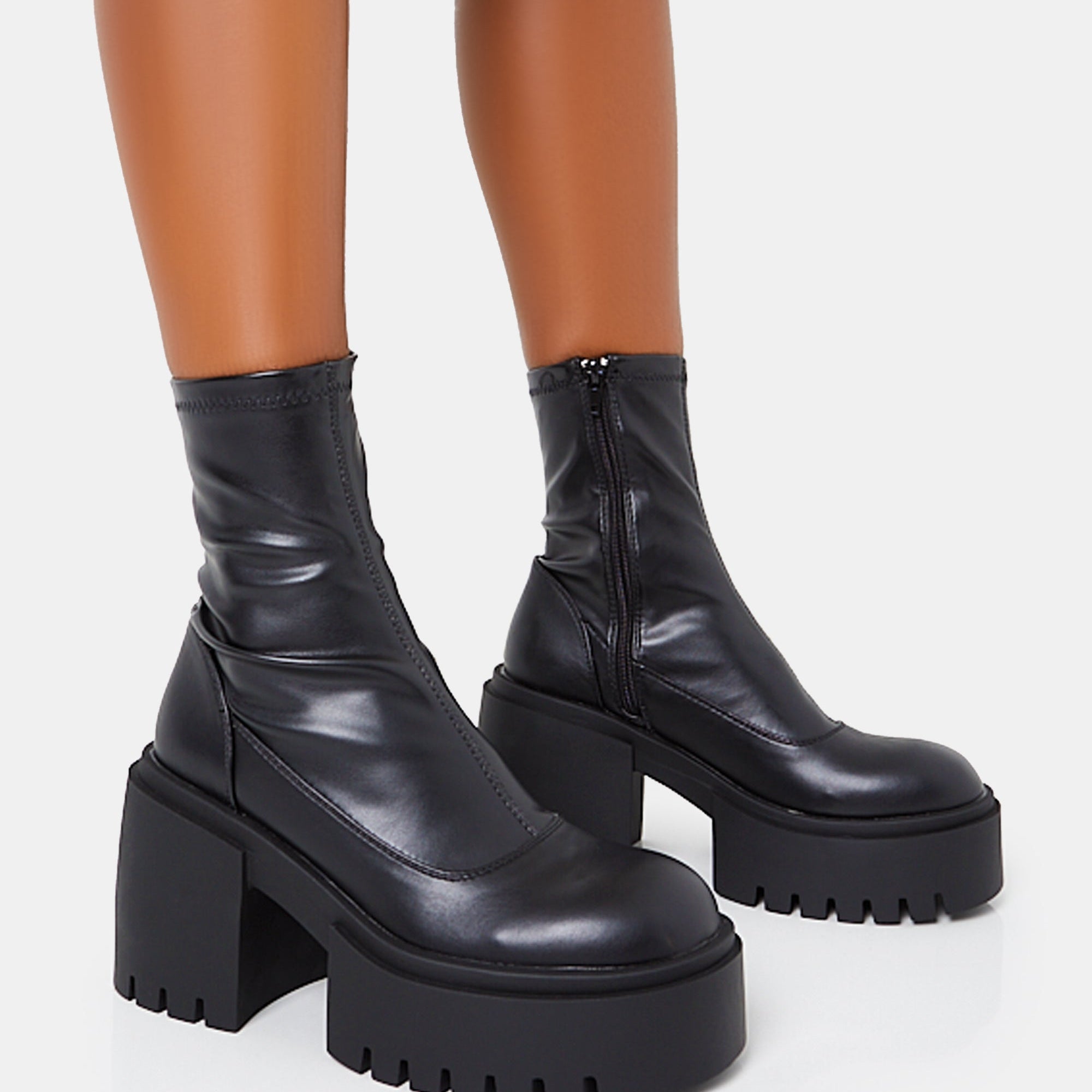 Demeter Black Pu Chunky Heeled Platform Ankle Boots