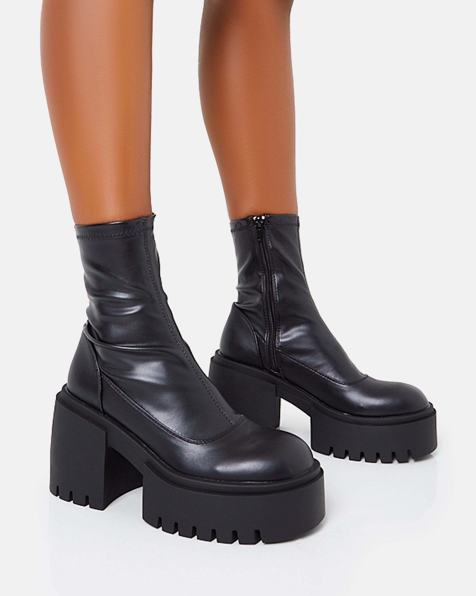 Demeter Black Pu Chunky Heeled Platform Ankle Boots