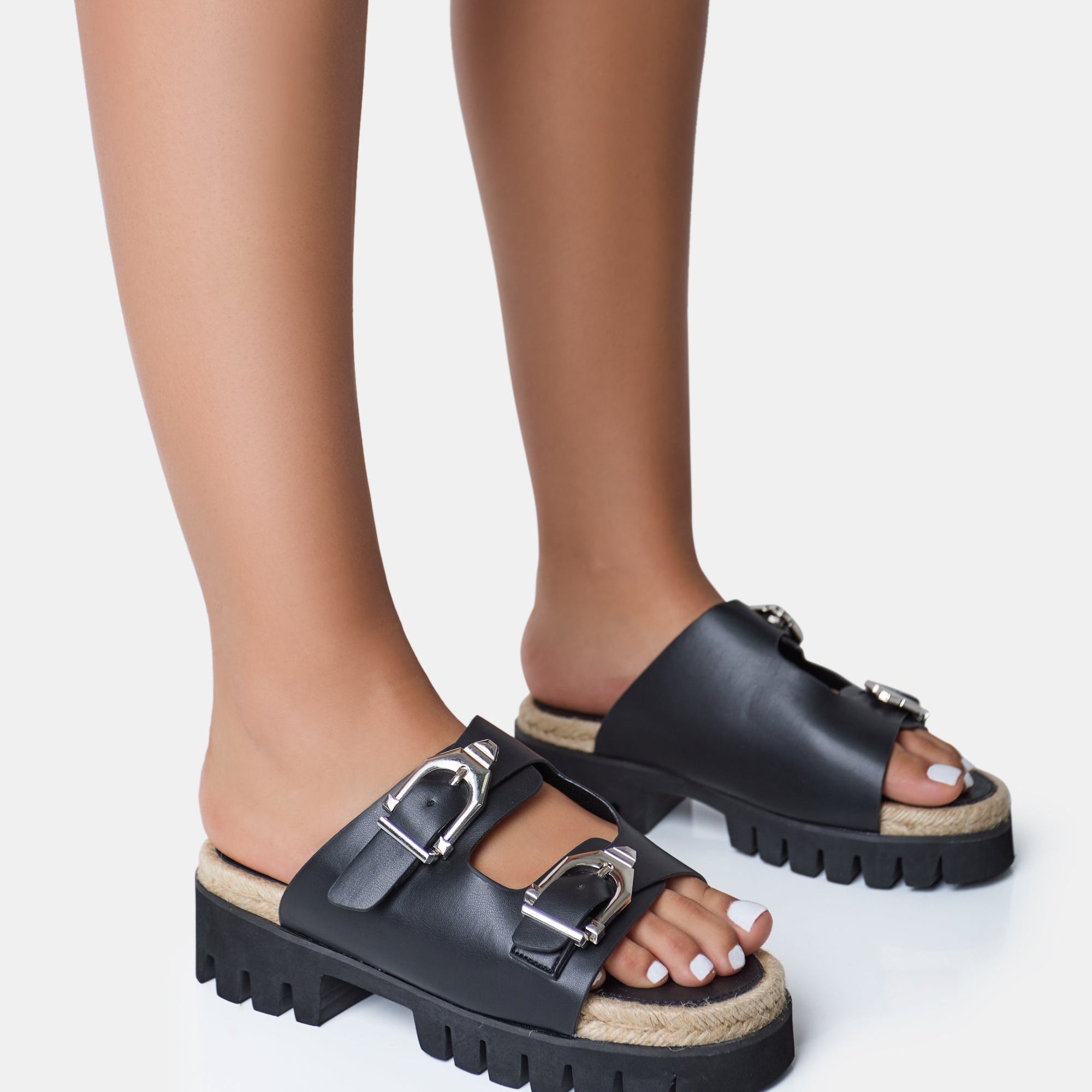 Equinox Black Chunky Jute Detail Buckle Flatform Sandals