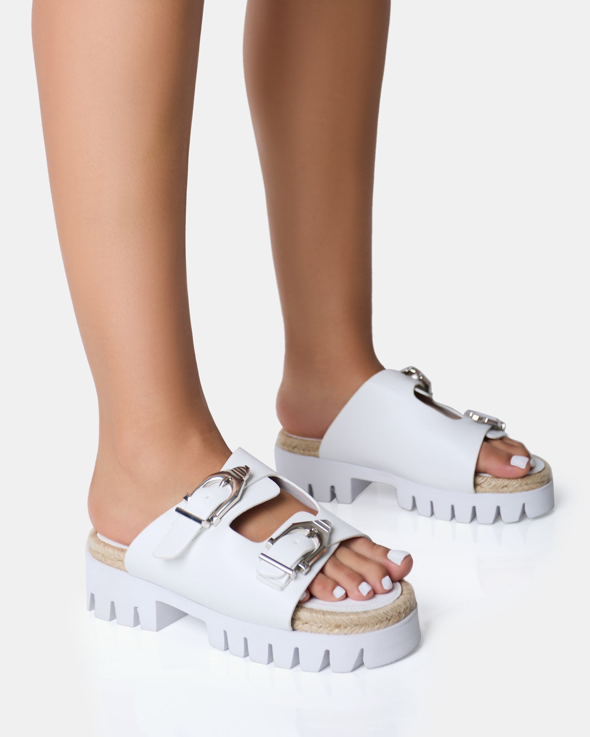 Equinox White Chunky Jute Detail Buckle Flatform Sandals