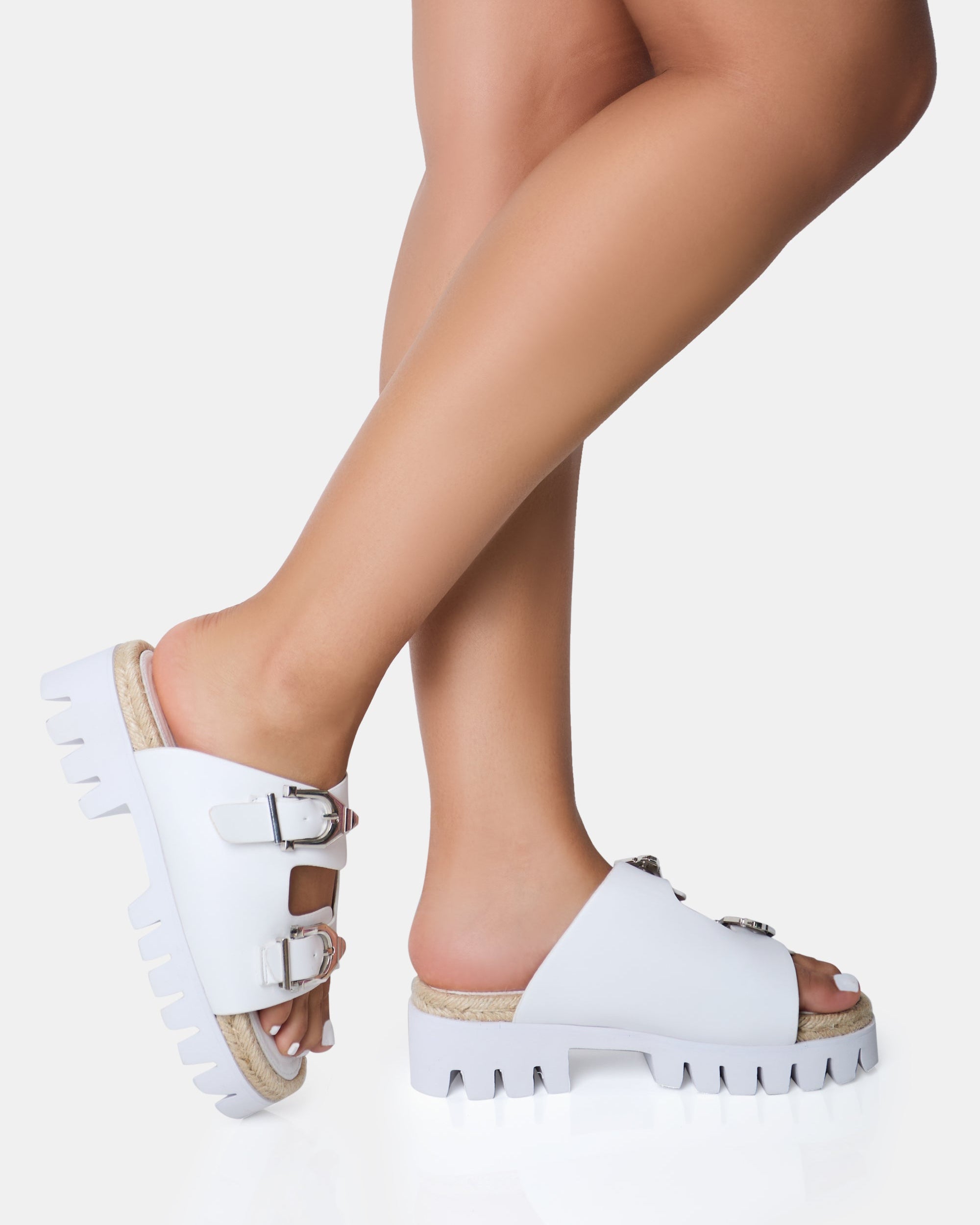 Equinox White Chunky Jute Detail Buckle Flatform Sandals