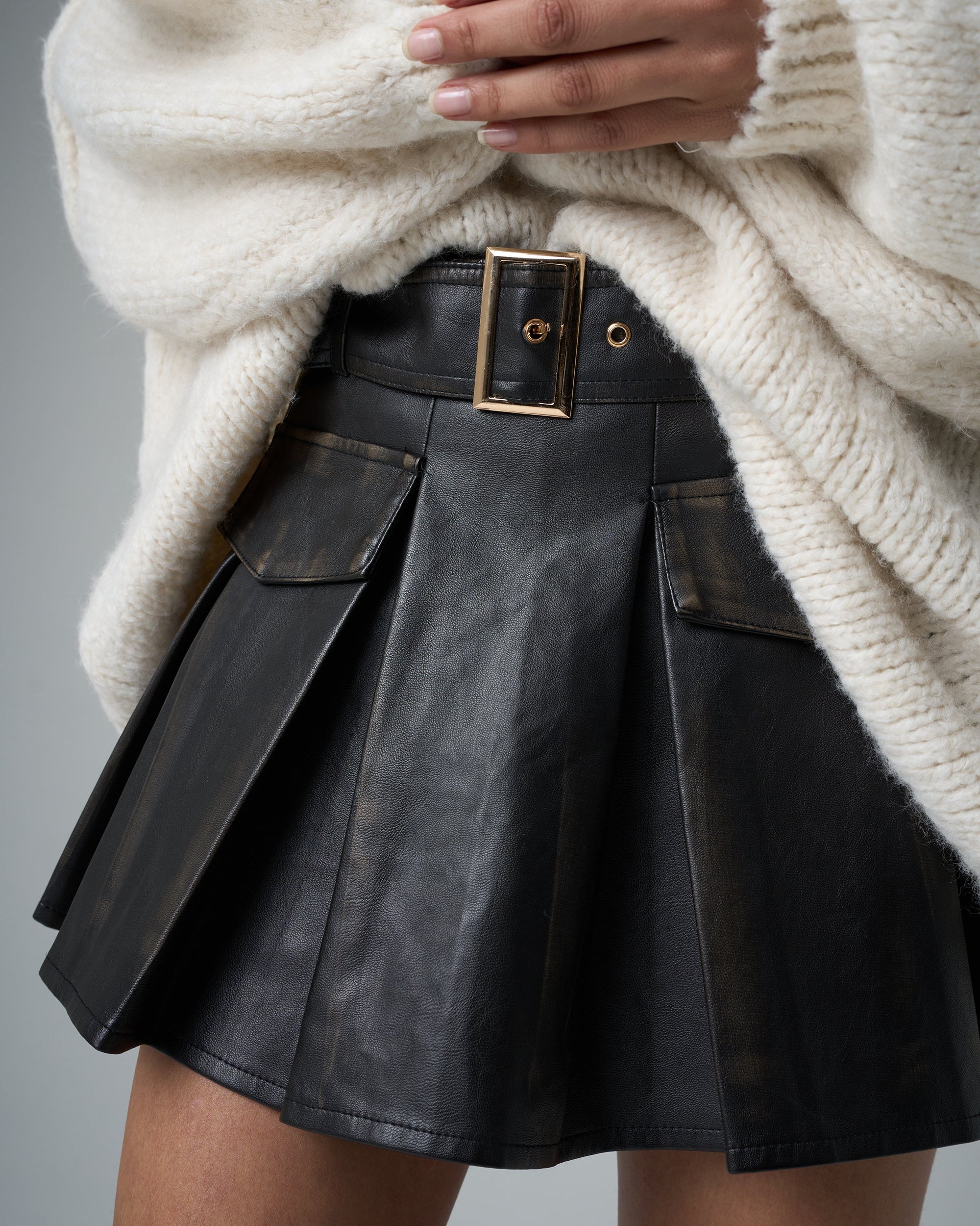 Faux Leather Belted Mini Skort Black