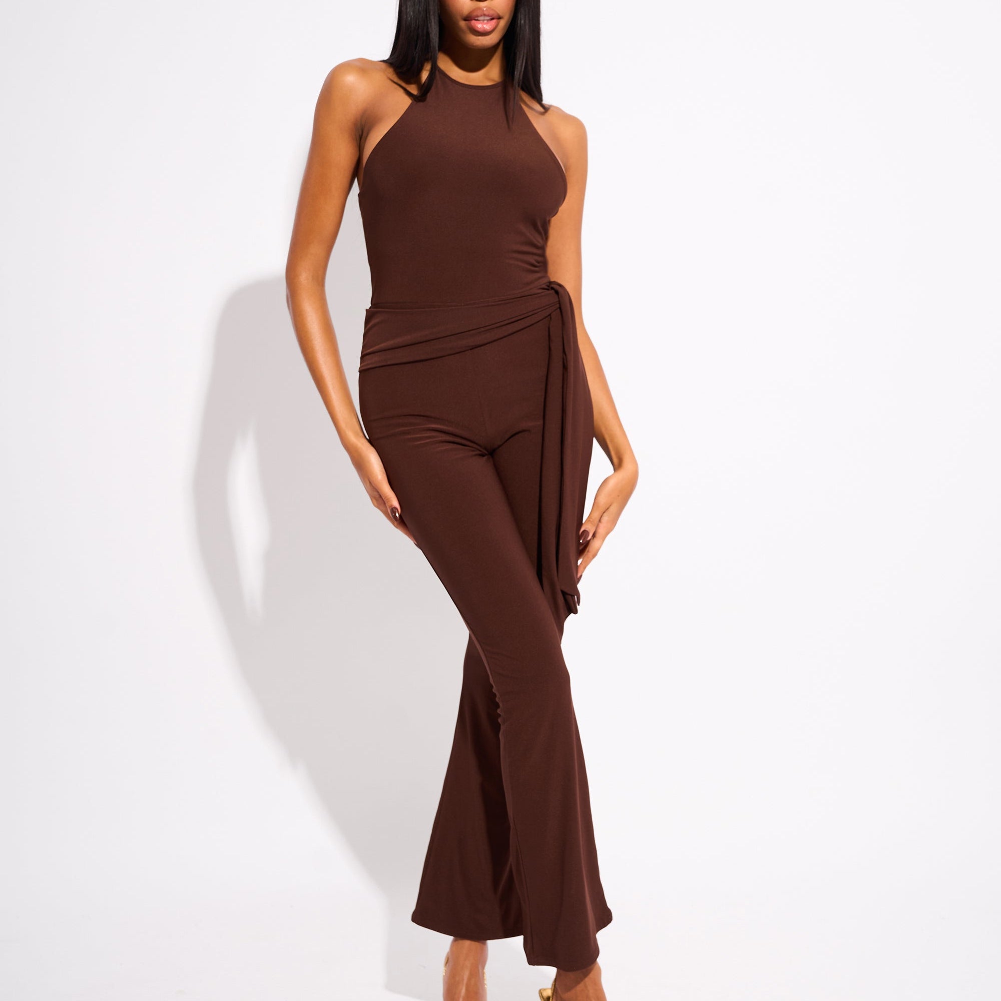 Tie Back Belted Jumpsuit Chocolate