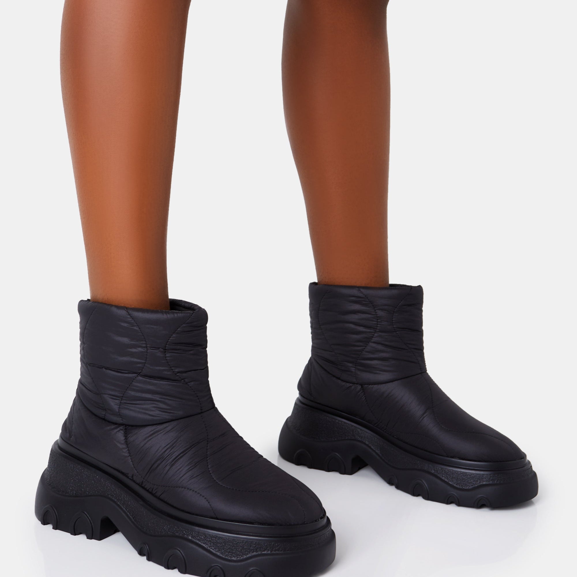 Frostbite Black Nylon Quilted Chunky Sole Ankle Boots