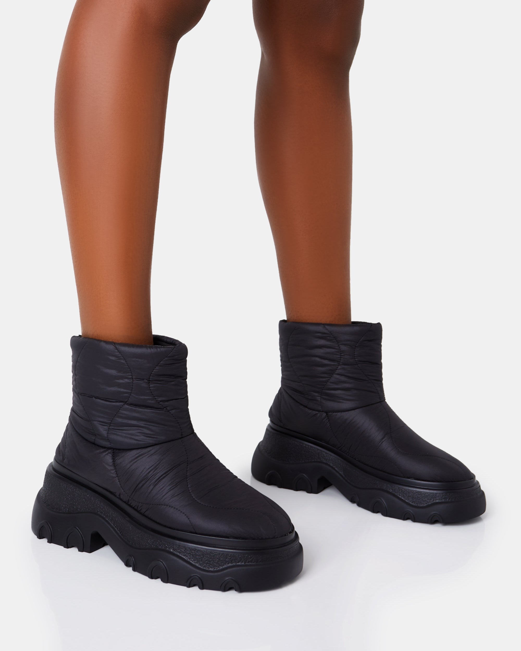 Frostbite Black Nylon Quilted Chunky Sole Ankle Boots
