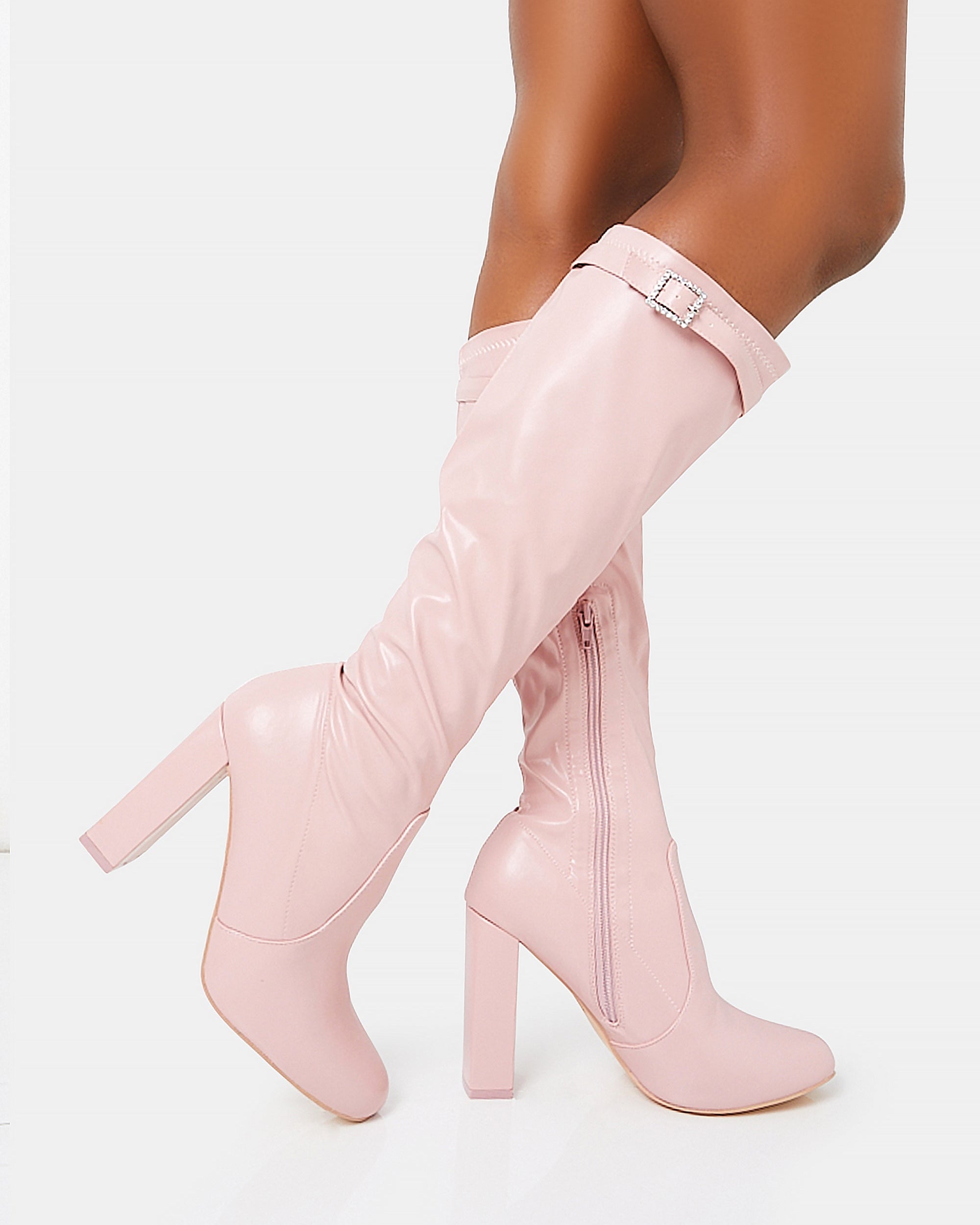 First Class Dusty Pink Buckle Strap Knee High Block Heeled Boots