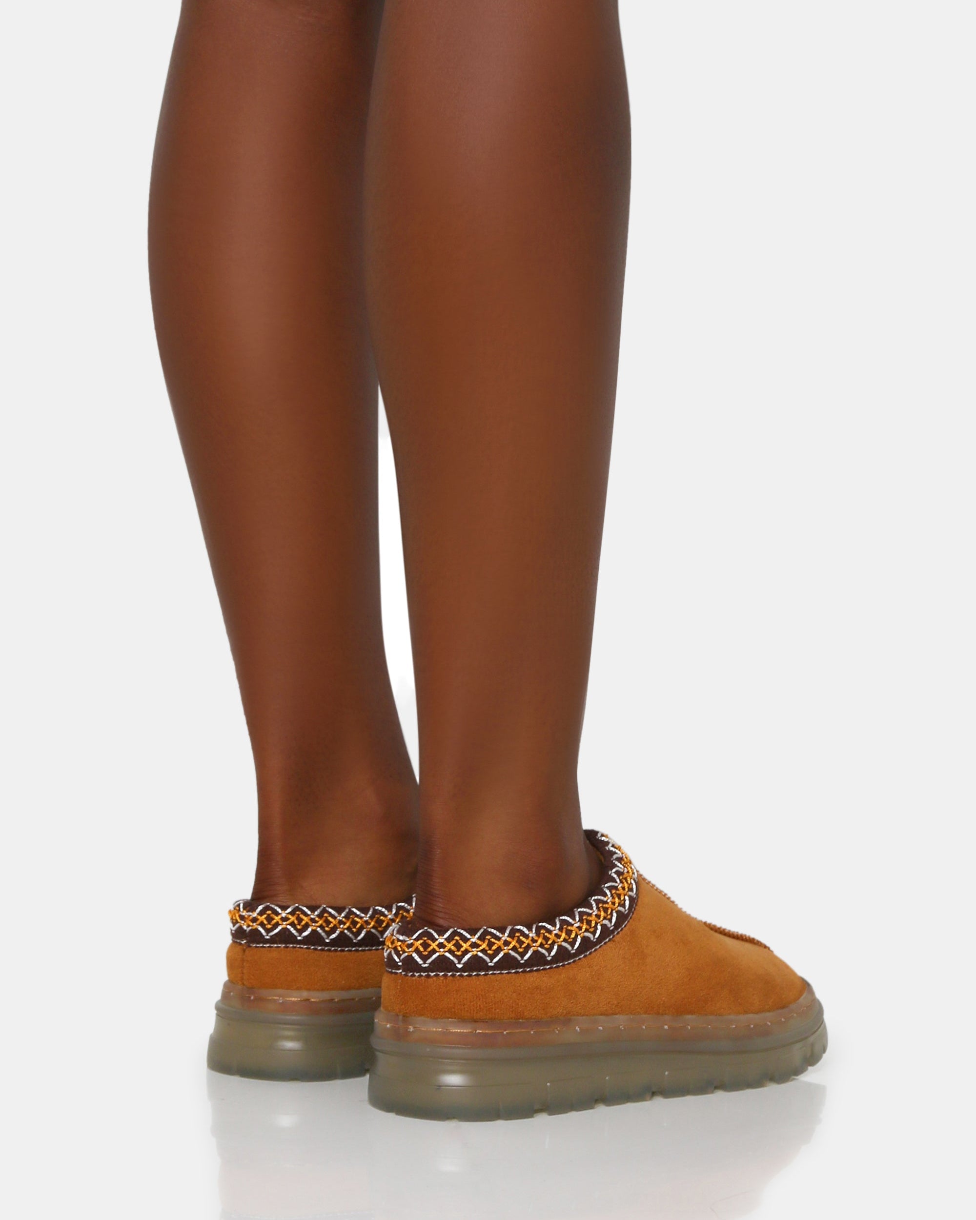 Nala Tan Faux Suede Embroidered Slipper Platform Boots