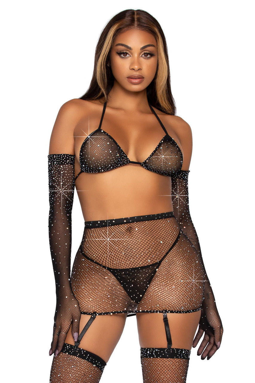 Rhinestone Fishnet Bra and Skirt Set