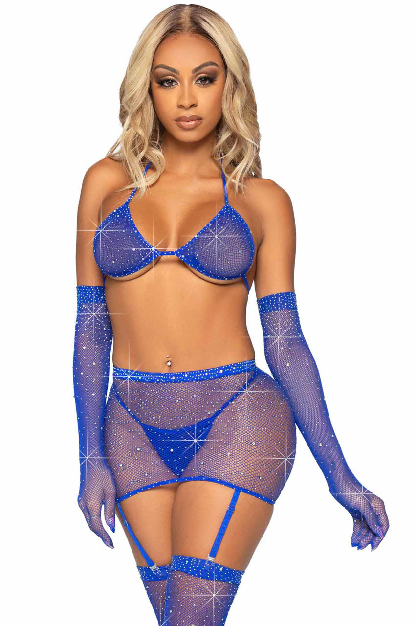 Rhinestone Fishnet Bra and Skirt Set