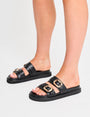Lapis Black Pu Buckle Detail Double Strap Slider Sandals