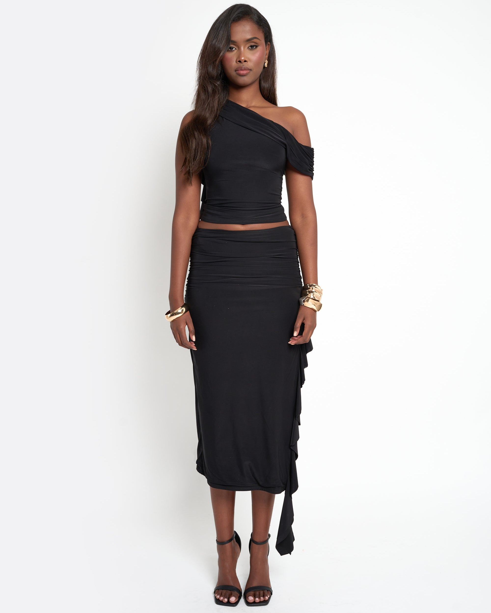 Drape Detail Luxe Slinky Maxi Skirt Black