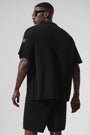 Sports Club Sweater Knit Short Sleeve Button Up - Black