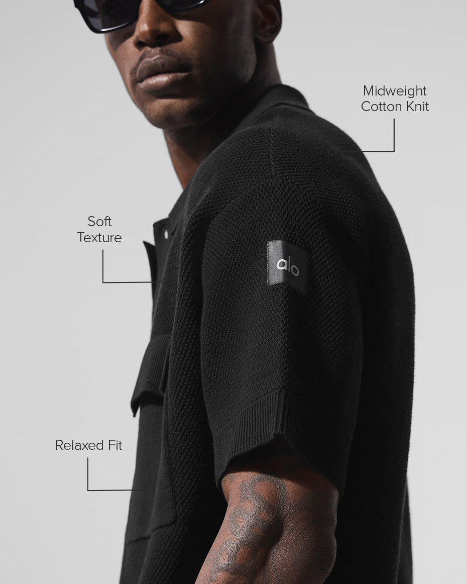 Sports Club Sweater Knit Short Sleeve Button Up - Black