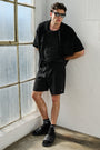 Sports Club Sweater Knit Short Sleeve Button Up - Black