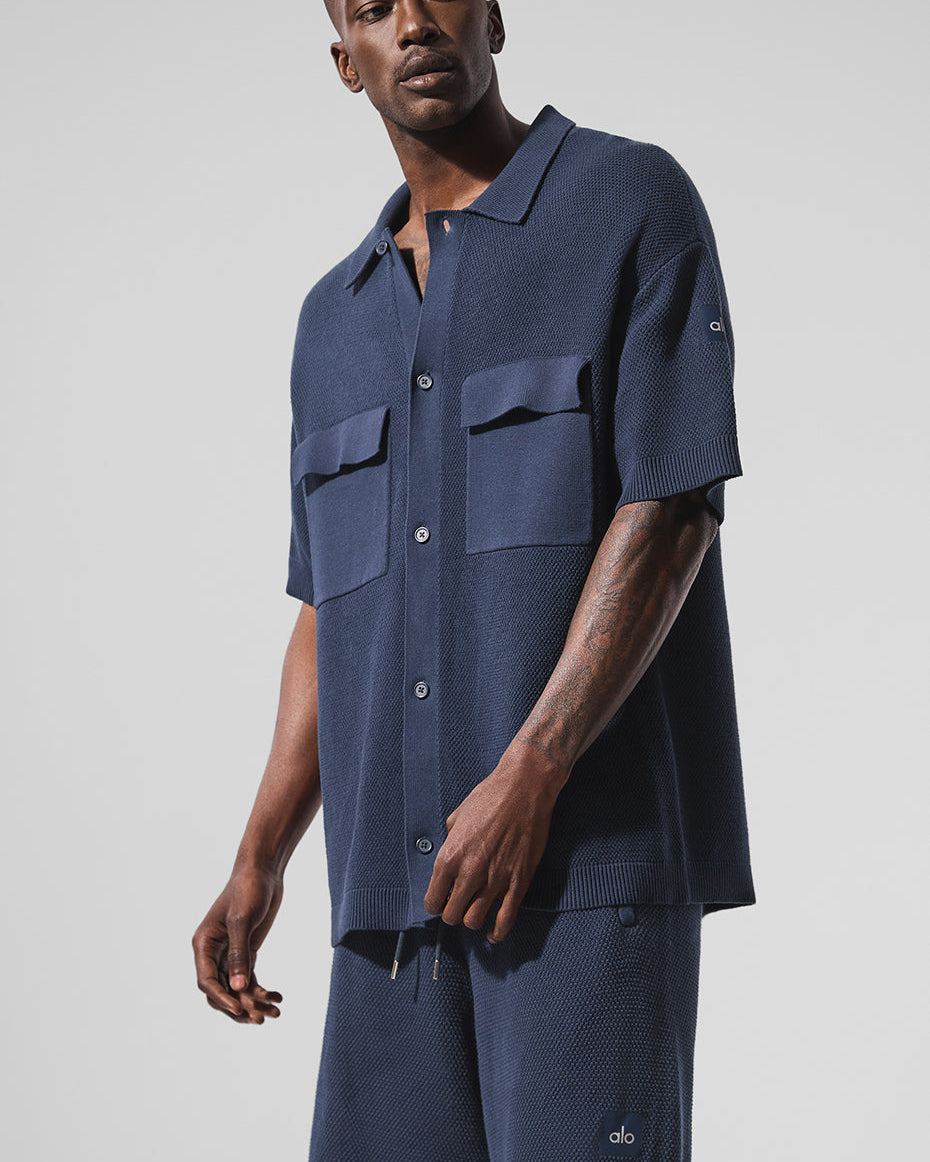 Sports Club Sweater Knit Short Sleeve Button Up - Navy