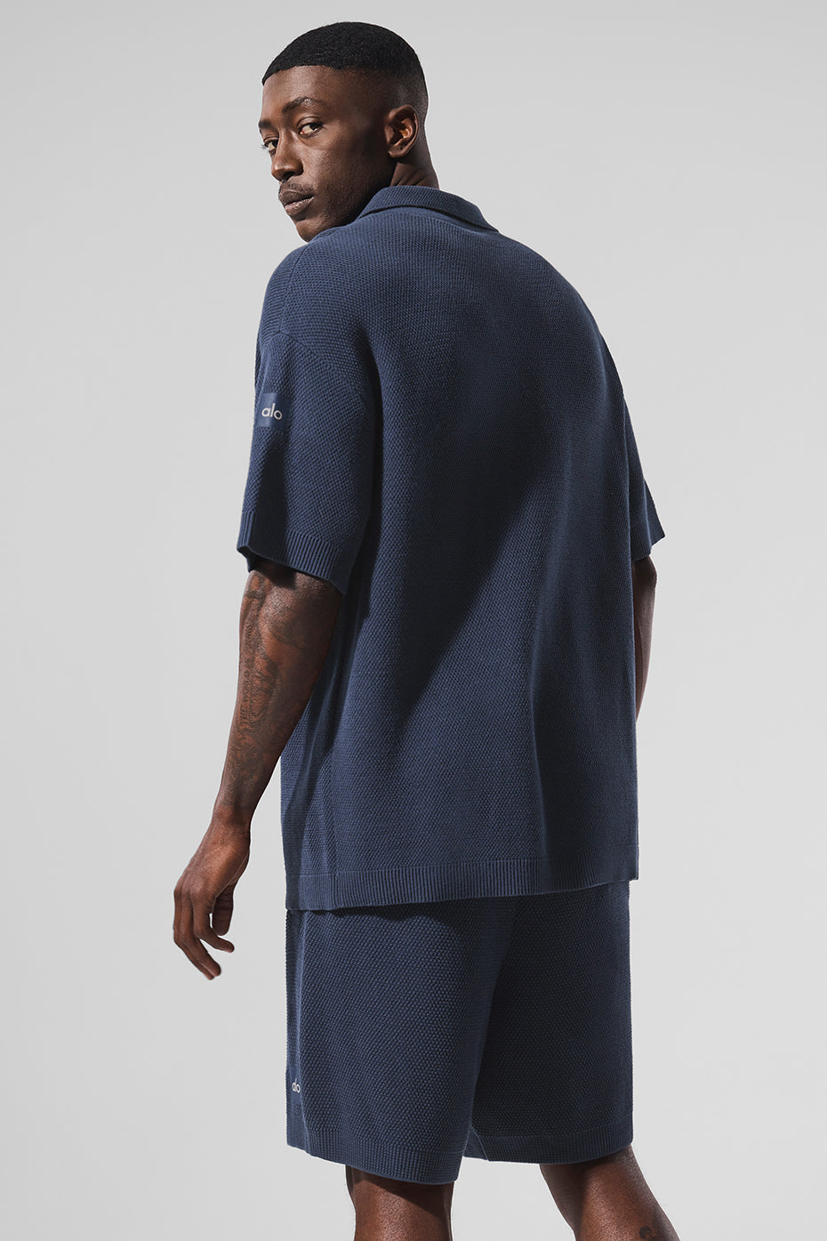 Sports Club Sweater Knit Short Sleeve Button Up - Navy