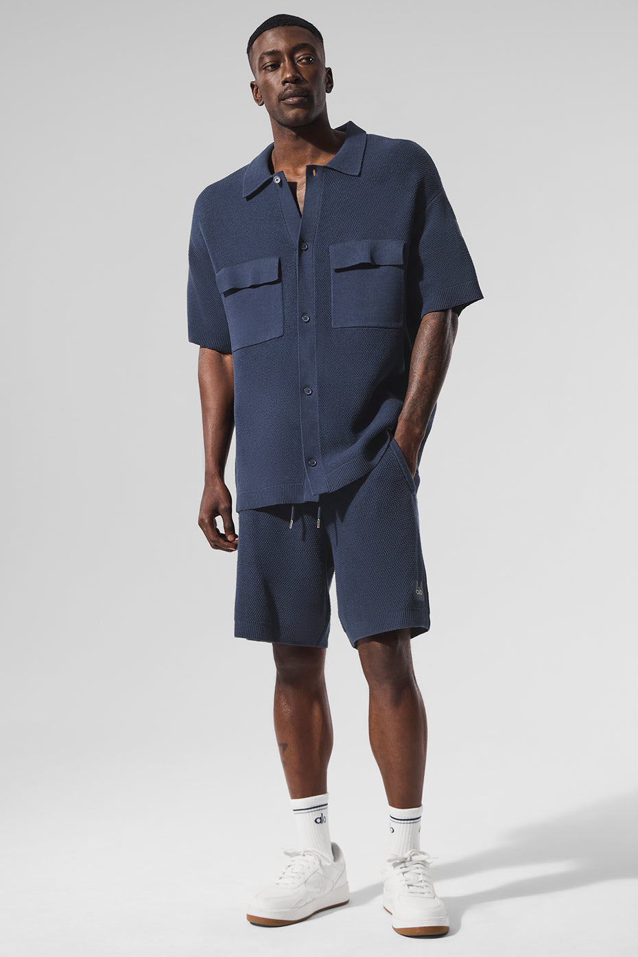 Sports Club Sweater Knit Short Sleeve Button Up - Navy