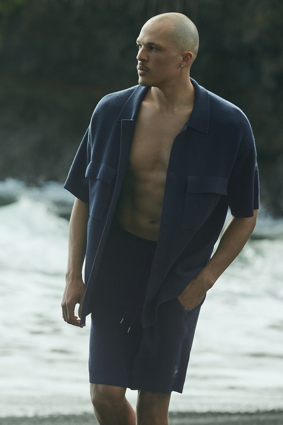 Sports Club Sweater Knit Short Sleeve Button Up - Navy