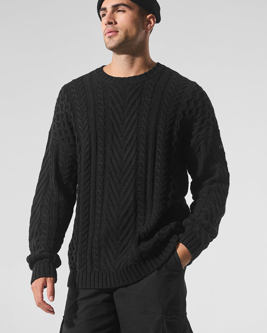 Cable Knit Crew Neck Sweater - Black