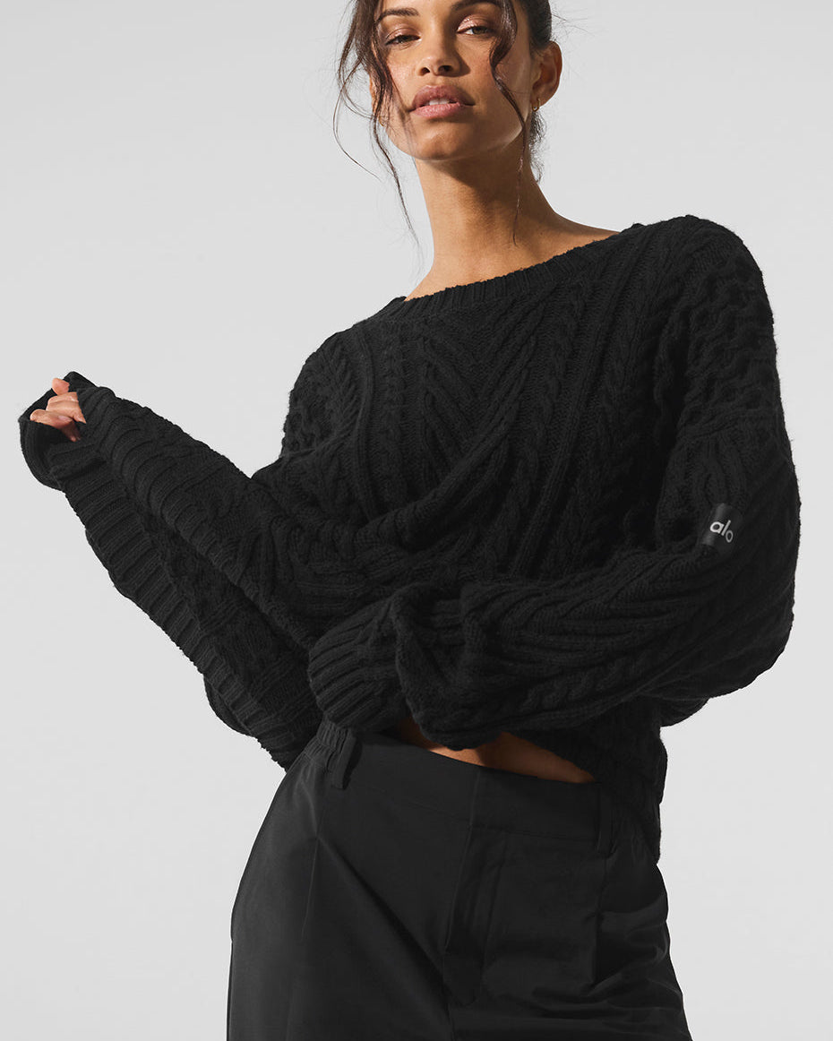 Cable Knit Crew Neck Sweater - Black