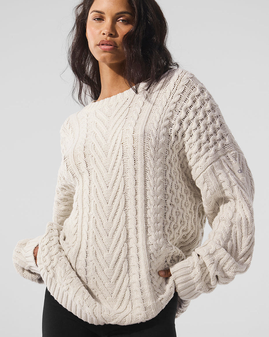 Cable Knit Crew Neck Sweater - Bone