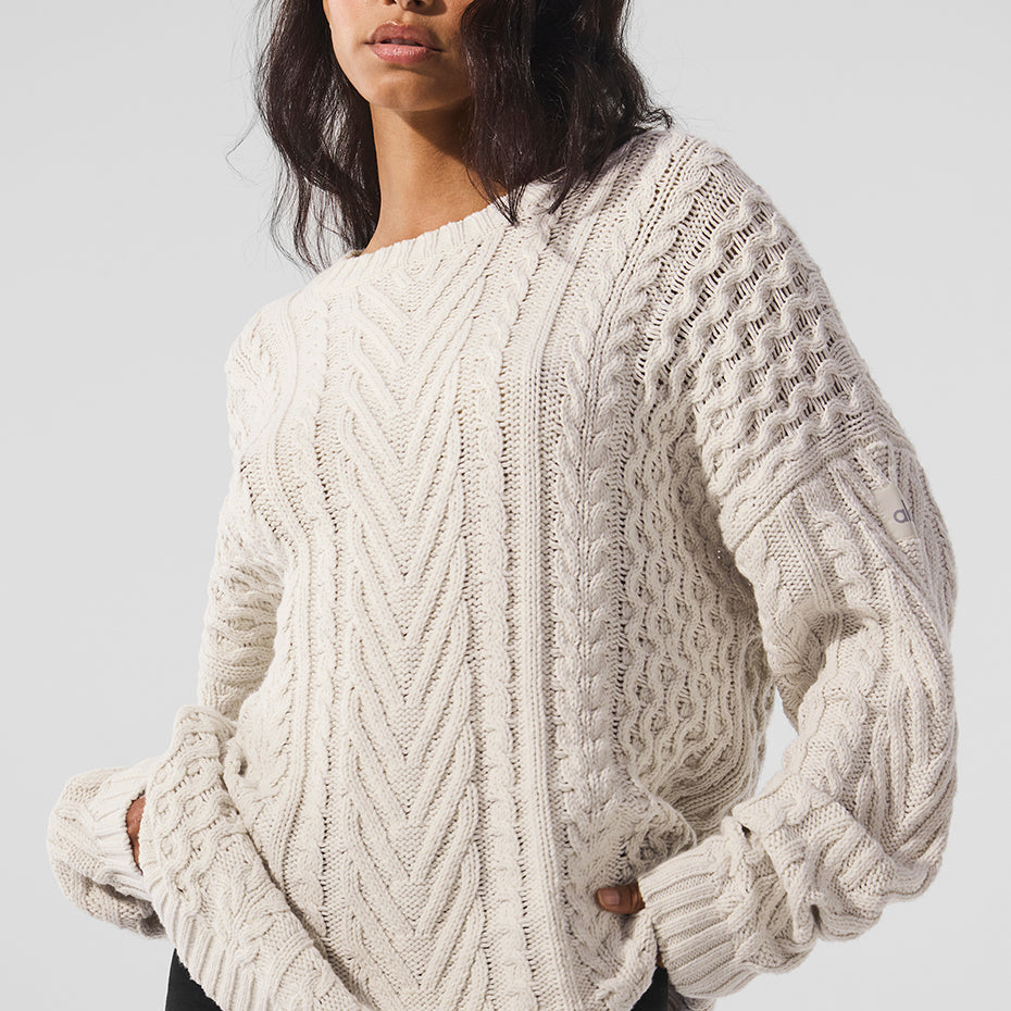 Cable Knit Crew Neck Sweater - Bone