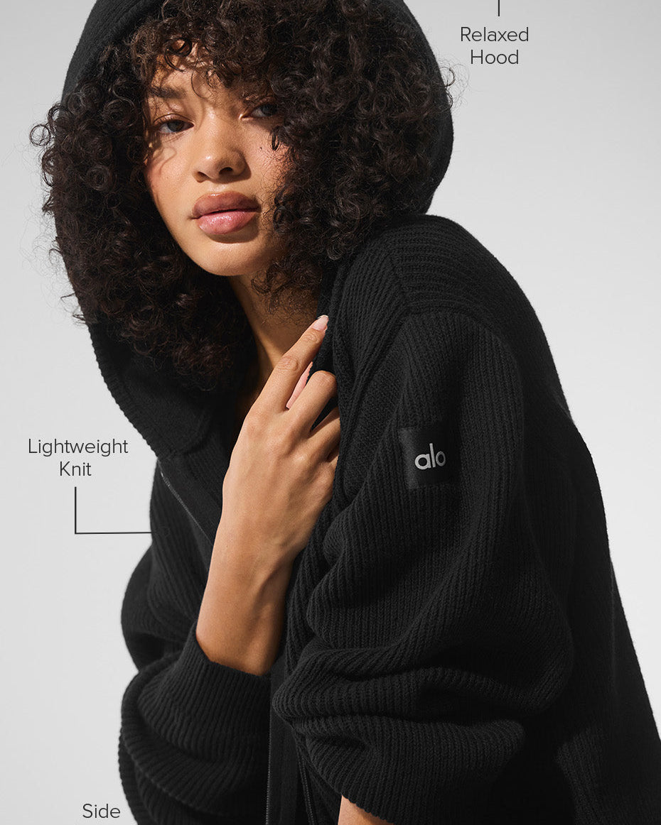 Domain Rib Knit Full Zip Sweater - Black