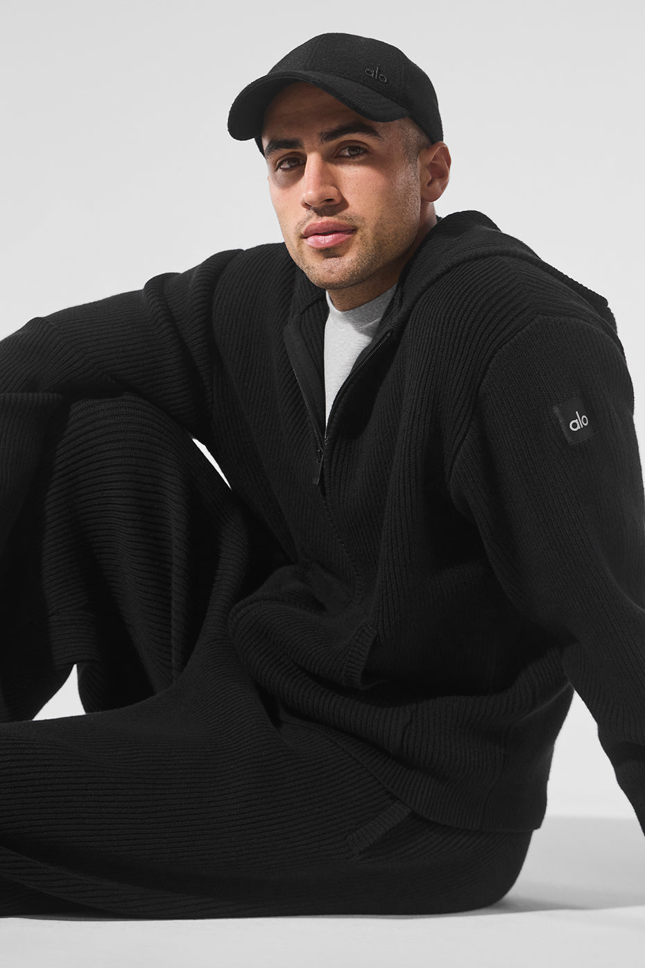 Domain Rib Knit Full Zip Sweater - Black