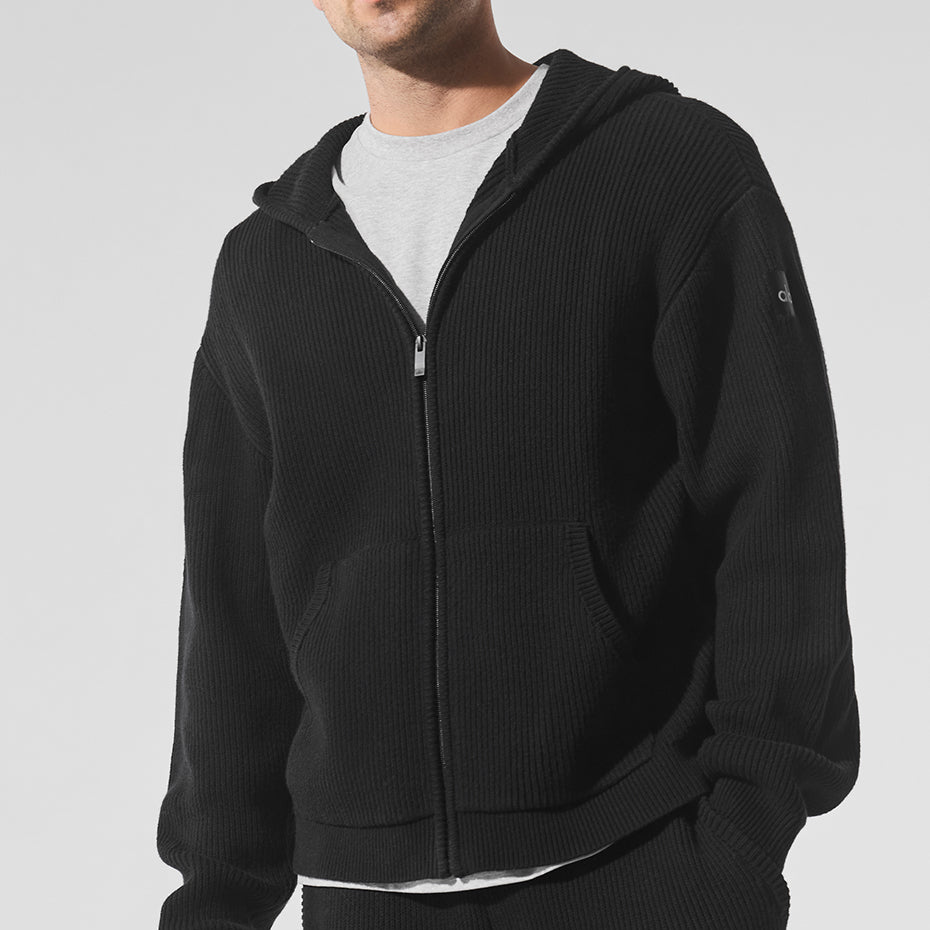 Domain Rib Knit Full Zip Sweater - Black