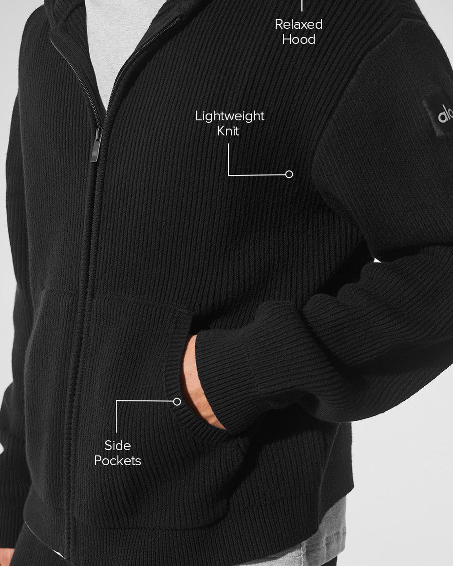 Domain Rib Knit Full Zip Sweater - Black