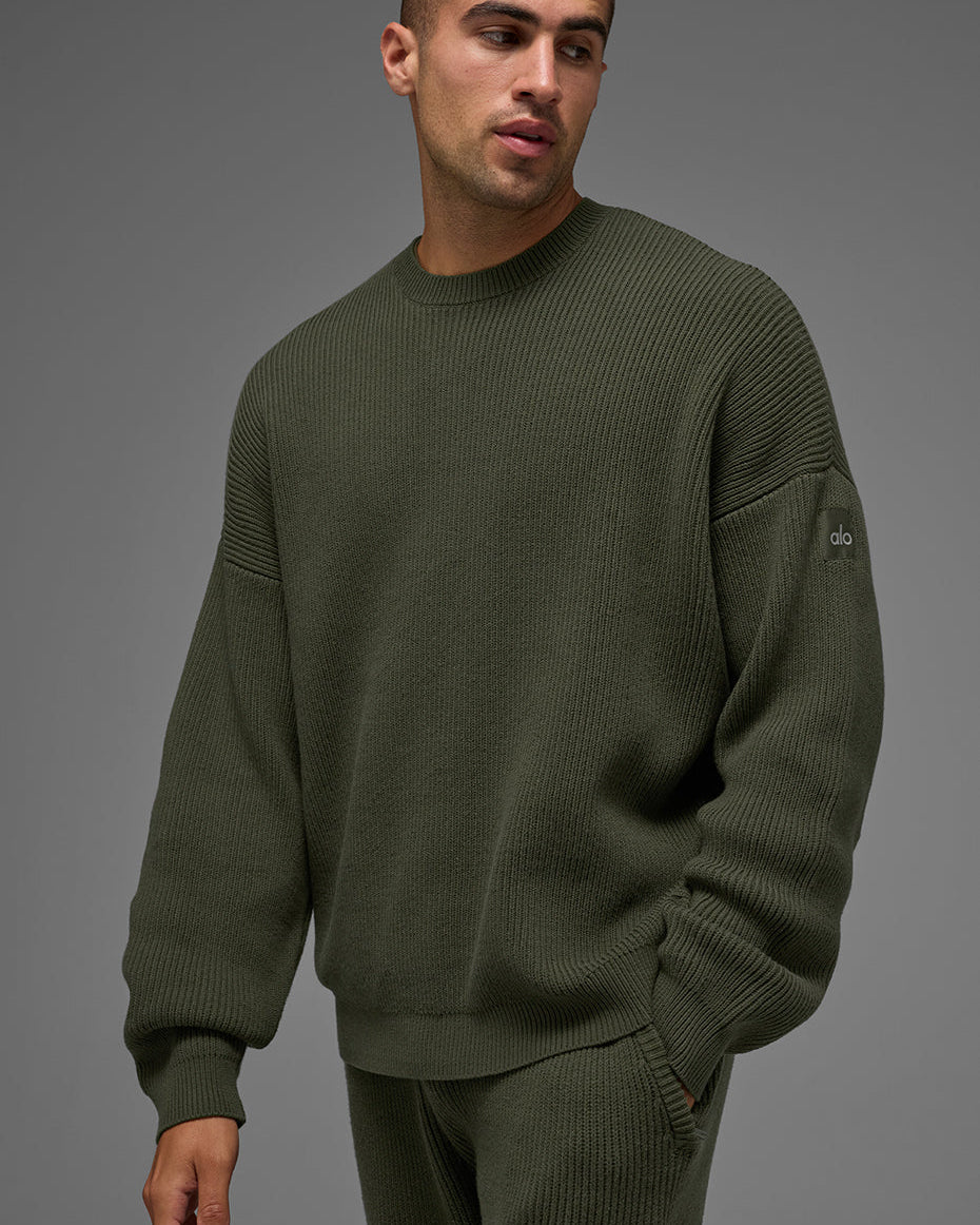 Domain Rib Knit Crew Sweater - Green Olive