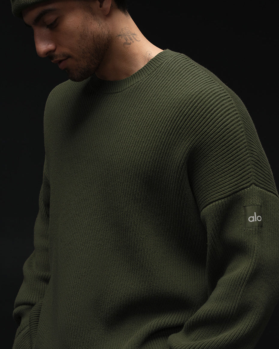 Domain Rib Knit Crew Sweater - Green Olive