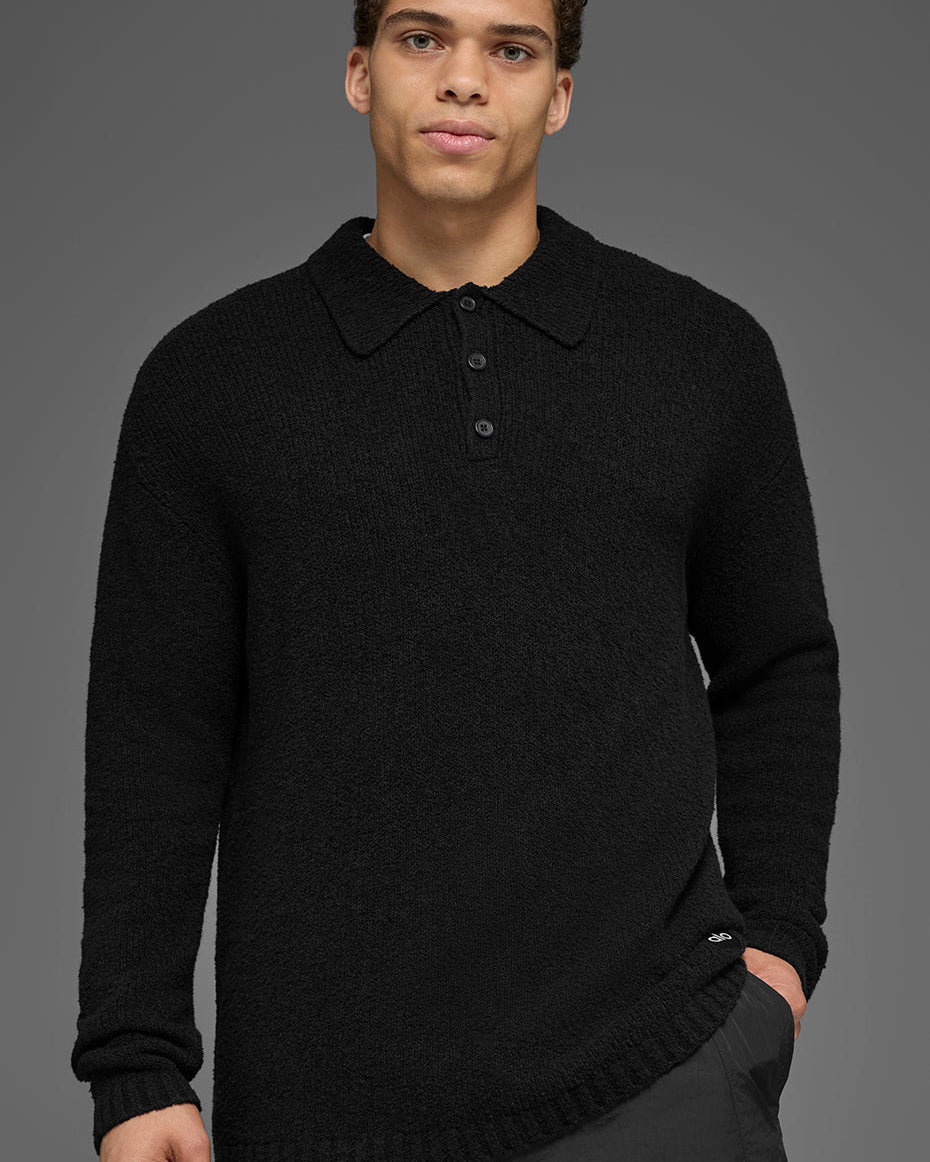 Textured Knit Long Sleeve Polo - Black