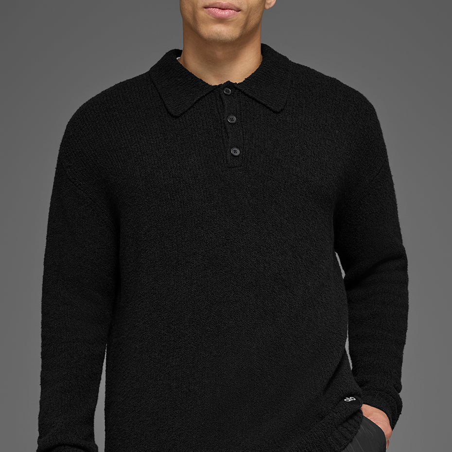 Textured Knit Long Sleeve Polo - Black