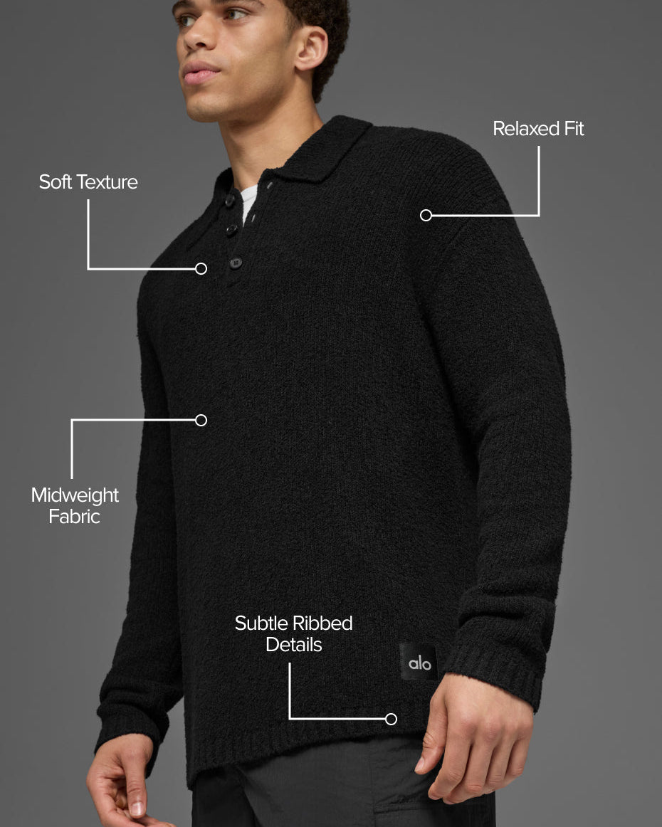 Textured Knit Long Sleeve Polo - Black