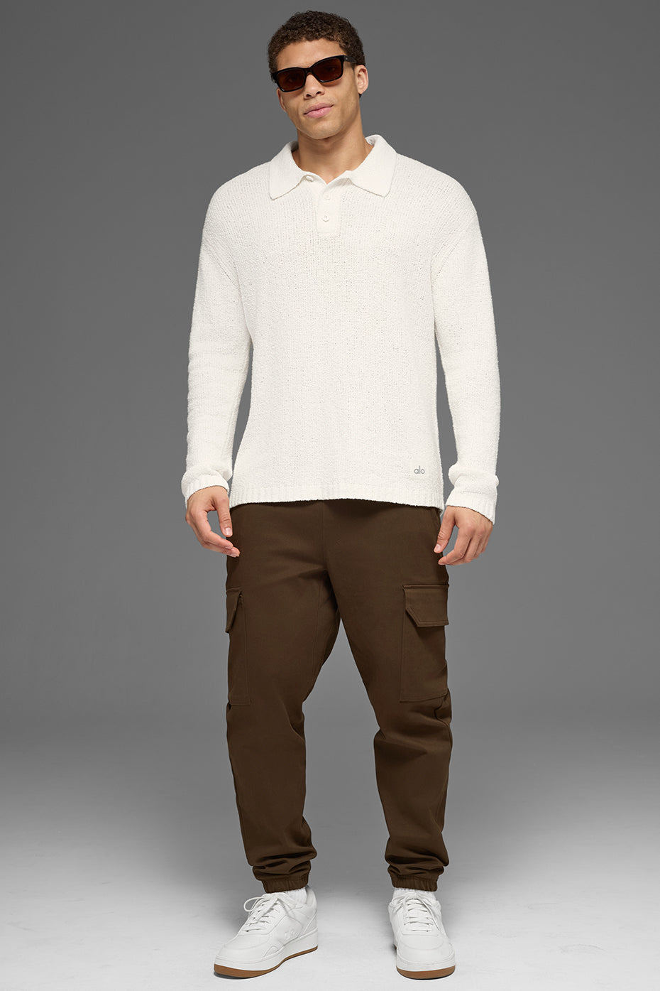 Textured Knit Long Sleeve Polo - Ivory